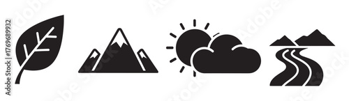 Black silhouette icons representing a leaf, a mountain with snow, sun and clouds, and a river between mountains.