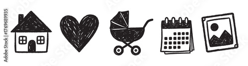 Black sketch-style icons of a house, heart, baby stroller, calendar, and picture, representing home, love, family, planning, and memories.