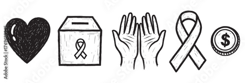 Black outline icons of a heart, donation box with ribbon, raised hands, awareness ribbon, and coin with dollar sign, symbolizing charity and support.