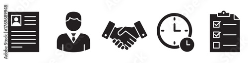 Black silhouette icons depicting a resume, businessperson, handshake, clock, and checklist, representing concepts of work and organization.