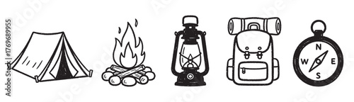Black outline icons of a triangular tent, campfire, lantern, backpack, and compass, symbolizing camping and outdoor adventure essentials.