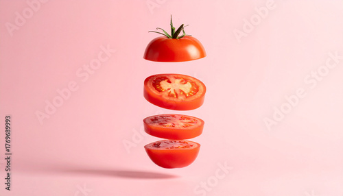 Fresh tomato cut into equal slices hanging in the air.