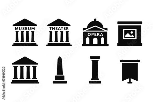 Cultural landmark icons set: museum, theater, opera, gallery symbols in black silhouette