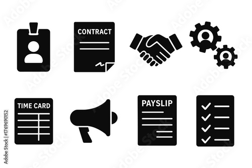 Business icons set: id badge, contract, handshake, gear, time card, megaphone, payslip, checklist