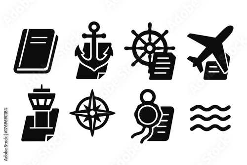 Nautical and aviation icon set in bold silhouette style