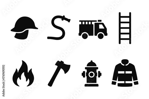 Firefighting elements set: helmet, fire truck, hose, ladder, and more