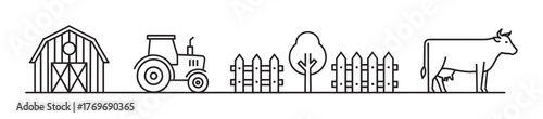 Black outline vector icon showing a farm scene with a barn, tractor, tree, fence, and cow arranged in a linear format.