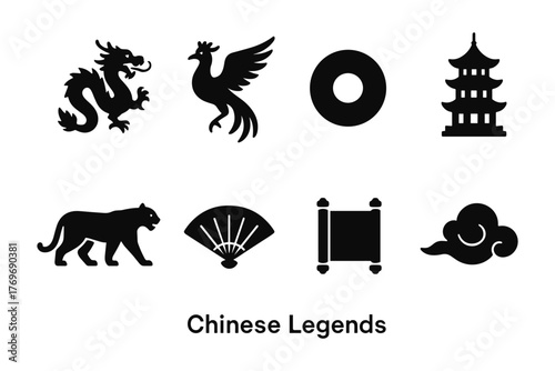 Silhouette icons of chinese mythology and culture: dragon, phoenix, and more