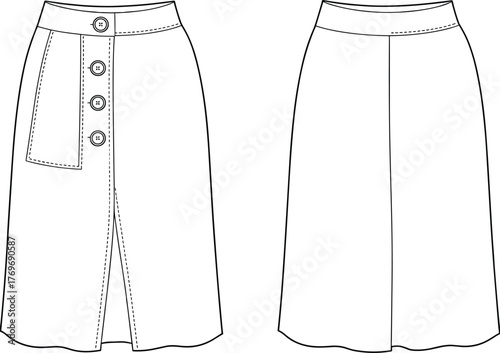 Elegant women’s button front midi skirt fashion flat sketch technical drawing, apparel design template with waistband and slit for sewing patterns