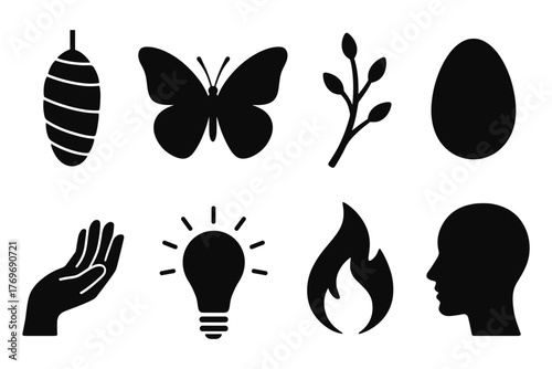 Nature and human elements in bold silhouette icons set