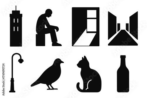 Urban silhouette set: buildings, animals, and objects in black