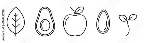 Black outline icons of a leaf, avocado half, apple, almond, and seedling. minimal linear drawings for healthy eating and natural lifestyle concepts.