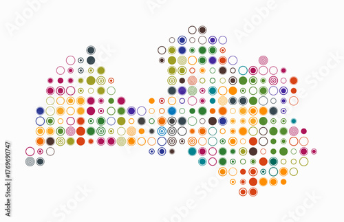 Latvia, shape of the country build of colored cells. Digital style map of the Latvia on white background. Large size circle blocks. Vibrant vector illustration.