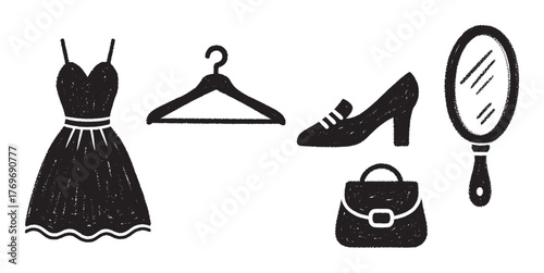 Black silhouette icons depicting a dress, hanger, shoe, handbag, and hand mirror, representing fashion and personal style elements.