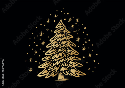 Gold Christmas tree set on black, hand drawn illustration	
