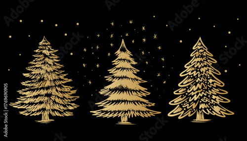 Gold Christmas tree set on black, hand drawn illustration	
