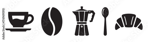 Black silhouette icons of a coffee cup, coffee bean, moka pot, spoon, and croissant, illustrating coffee and breakfast essentials.