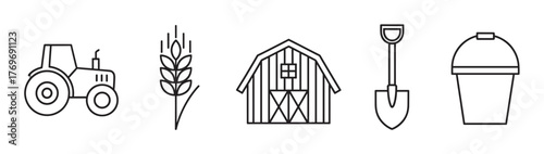 Black outline icons of a tractor, wheat stalk, barn, shovel, and bucket. simple linear illustrations representing farming equipment and agricultural concepts.