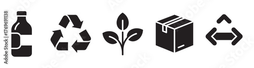 Set of black icons representing a bottle, recycling symbol, plant, cardboard box, and arrows for sustainability and packaging concepts.