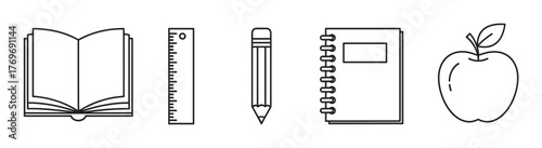 Line art of an open book, ruler, pencil, spiral notebook, and apple symbolizing education and learning.
