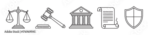 Black outline icons of legal concepts including scales of justice, gavel, courthouse, legal document, and shield for law and order representation.
