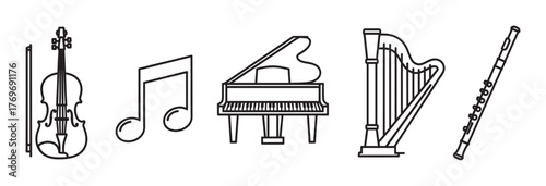 Black outline icons of a violin, musical note, grand piano, harp, and flute. minimalist design representing classical music instruments.