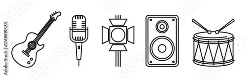 Black outline icon set featuring a guitar, a microphone, a stage light, a speaker, and a drum, representing various music and audio equipment.