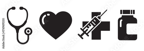 Black silhouette icons depicting a stethoscope, a heart, a syringe with a medical cross, and a pill bottle, representing various healthcare and medical concepts.