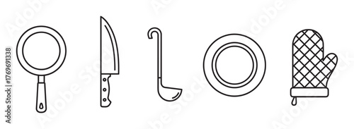 Black outline icons of a frying pan, chef's knife, ladle, plate, and oven mitt aligned in a horizontal sequence.