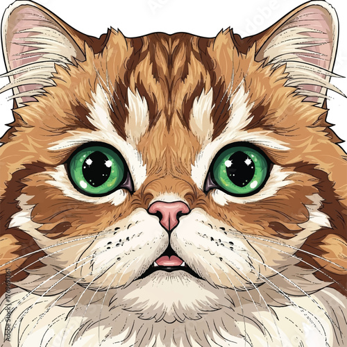 Vibrant vector illustration showcasing a captivating ginger and white tabby cat's head, with brilliant emerald eyes and soft, luxurious fur, perfect for pet-themed designs
