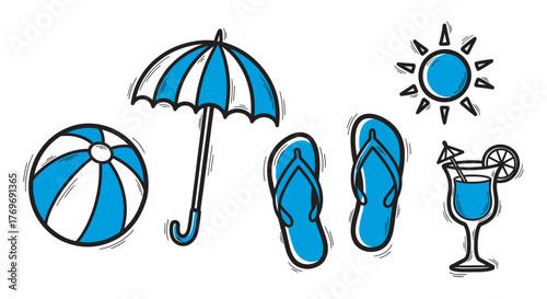 Blue and white beach ball, striped umbrella, flip-flops, sun, and cocktail drink with orange slice depicted in a stylized, hand-drawn style.