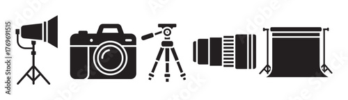 Black silhouette icons of studio photography equipment, including a light, camera, tripod, lens, and backdrop stand.