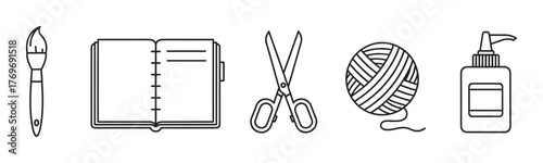 Black outline icons of a paintbrush, open book, scissors, ball of yarn, and glue bottle, representing art and craft supplies.