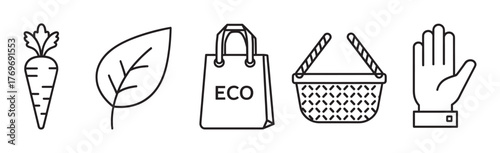 Black outline icons of a carrot, leaf, eco-friendly shopping bag, woven basket, and raised hand, representing sustainability and eco-conscious living.