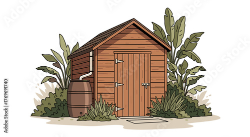 Rain barrel beside wooden shed with surrounding plants, eco-friendly and natural, clean vector illustration with flat colors in earthy browns, greens, and soft neutrals, white background