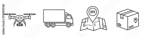 Black outline icons of a drone, delivery truck, gps map, and package, symbolizing modern logistics and transportation technologies.