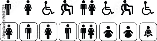 Restroom icons, accessibility symbols, gender signage set, family toilet graphics, public facility markers, black and white design elements