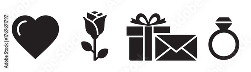 Black silhouette icons of a heart, rose, gift box with ribbon, envelope, and diamond ring symbolizing love and celebration.