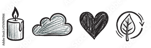 Four hand-drawn icons including a burning candle, a fluffy cloud, a shaded heart, and a stylized leaf with a circular arrow.