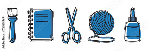 Hand-drawn icons illustrating a paintbrush, spiral notebook, scissors, ball of yarn, and glue bottle, each in blue with black outlines.