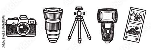 Black outline vector icons of a vintage camera, camera lens, tripod, flash unit, and photo strip for photography and equipment concepts.