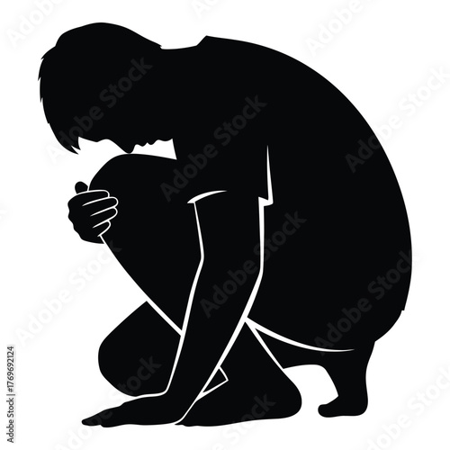 Silhouette of a person crouching in distress and sadness silhouette