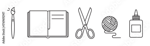 Black outline icons of an art brush with paint, an open book, scissors, a ball of yarn, and a bottle of glue, representing various art and craft tools.