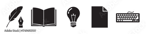 Black silhouette icons include a quill feather with a fountain pen nib, an open book, a light bulb, a blank sheet of paper, and a computer keyboard.