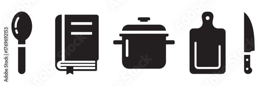 Black silhouette icons of a spoon, a closed book with a bookmark, a cooking pot with a lid, a cutting board, and a chef's knife in a row.