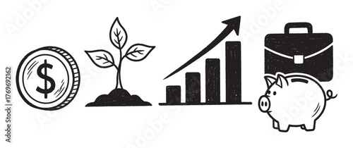 Black and white icons representing economic growth with a dollar coin, sprouting plant, upward graph, piggy bank, and business briefcase.