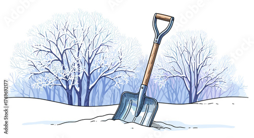 Shovel stuck in snowbank with frosty trees in background with wintery and serene mood, vector illustration with clean ink outlines, vibrant watercolor shading, glossy highlights, and hand-drawn sketch