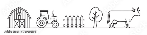 Black outline linear icons of a barn, tractor, fence, tree, and cow depicting elements of a farm scene.