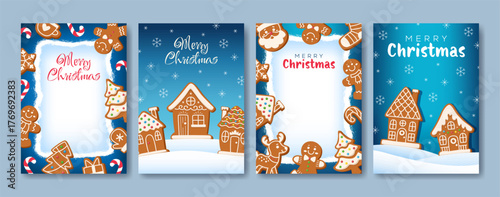 Set of Christmas and New Year greeting cards. Modern cartoon cards and frames featuring gingerbread houses, winter landscapes, candy canes, and snowflakes.