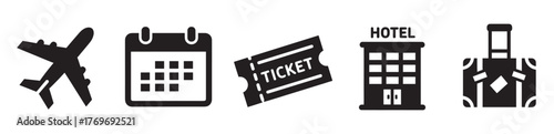 Black silhouette icons of an airplane, calendar, ticket, hotel building, and luggage, representing travel and vacation essentials.
